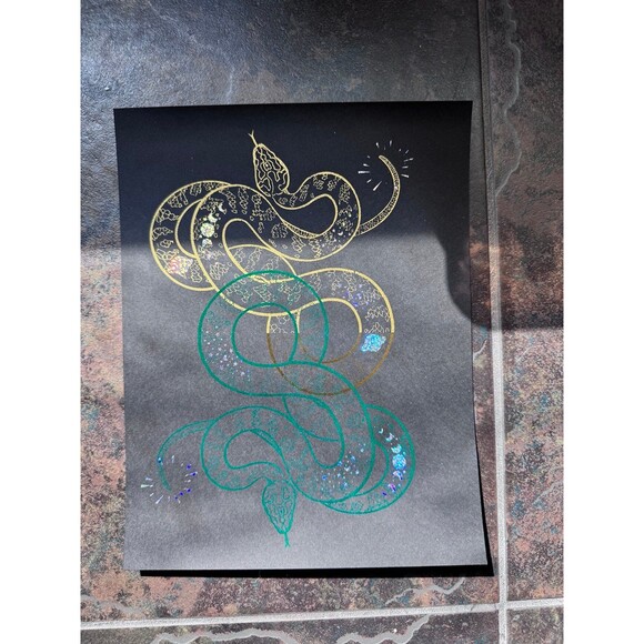 Green & Gold Foil Snake Print Art Unique Gift - Picture 1 of 2